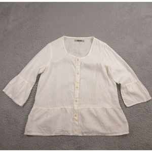FLAX Womens Linen Top Blouse size M or L Button Up Shirt Flare Sleeve